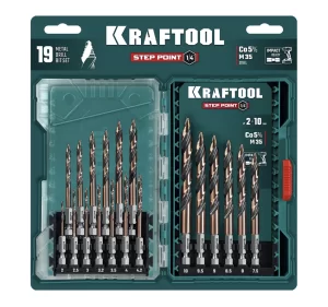 Похожие товары Набор сверл по металлу Kraftool Step Point 2,0-10 мм (19 шт) (29653-H19)