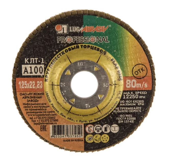 Диск лепестковый Луга 125х22,2 мм Р100 AO – фото №1 Диск лепестковый Луга 125х22,2 мм Р100 AO – №1