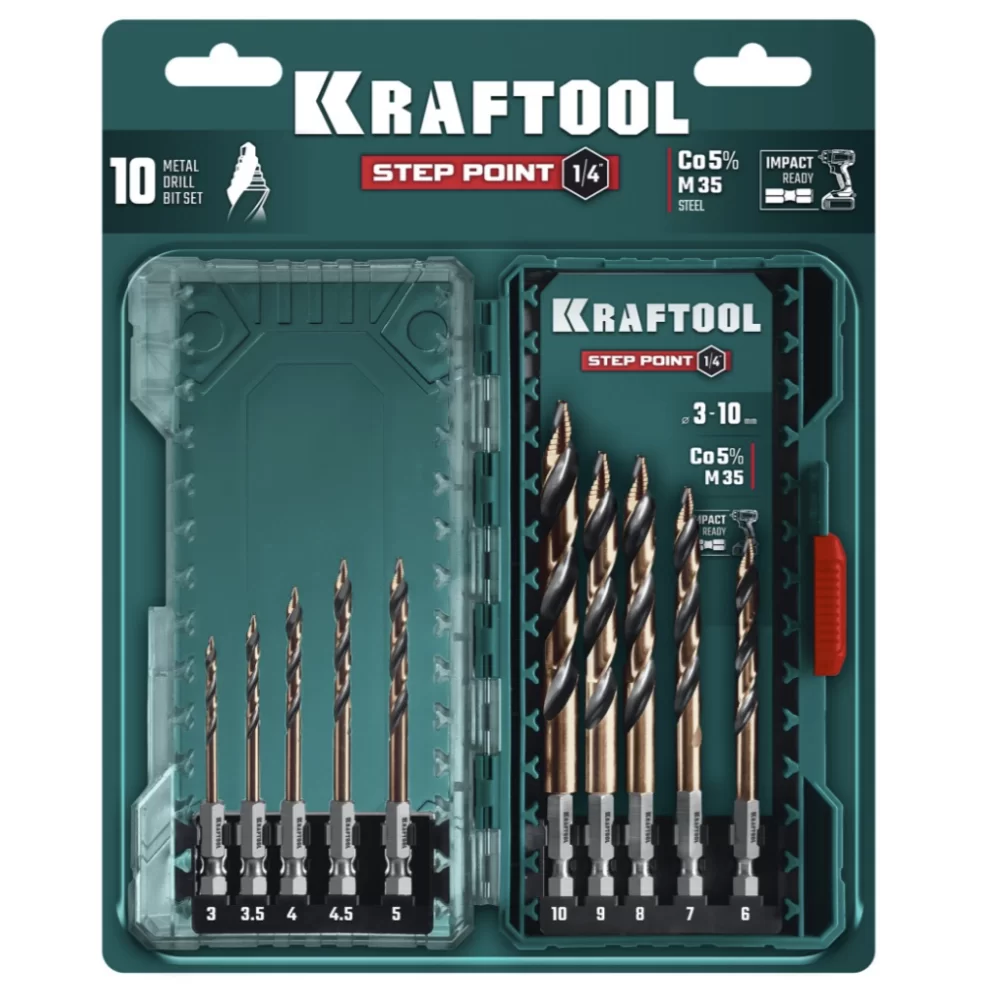 Набор сверл по металлу Kraftool Step Point 3,0-10 мм (10 шт) (29653-H10) – фото №1 Набор сверл по металлу Kraftool Step Point 3,0-10 мм (10 шт) (29653-H10) – №1