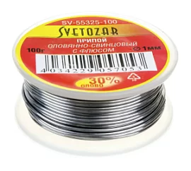 Фото товара «Припой Светозар 1 мм, оловянно-свинцовый 30%Sn/70%Pb, 100 гр. »