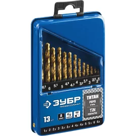Товар «Набор сверл по металлу Зубр Титан HSS-TiN 1,5-6,5 мм (13 шт)» Фото товара «Набор сверл по металлу Зубр Титан HSS-TiN 1,5-6,5 мм (13 шт)»